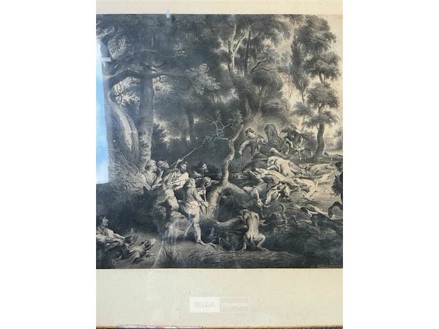 Print in gouden kader met jachttaferelen - afbeelding 4 van  7