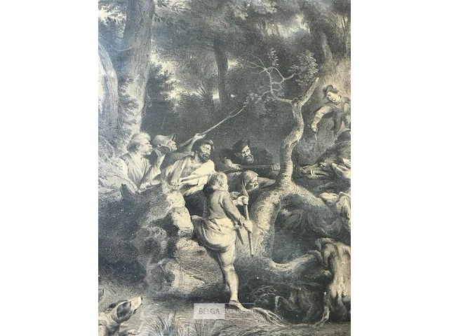 Print in gouden kader met jachttaferelen - afbeelding 5 van  7