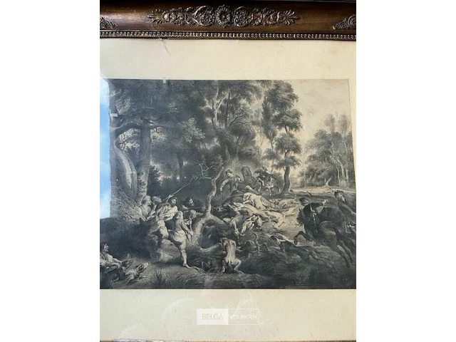 Print in gouden kader met jachttaferelen - afbeelding 7 van  7