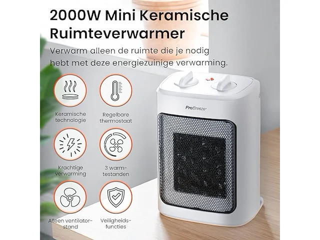 Pro breeze 2000 w mini keramische ventilatorkachel - afbeelding 2 van  2