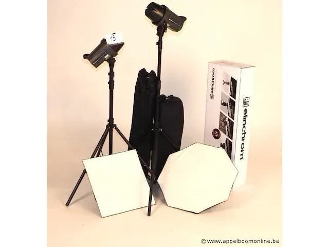 Professionele fotografieset bestaande uit : 2x flitser elinchrom d-lite rx4, 2 softboxen, 2 statieven enz - afbeelding 1 van  2