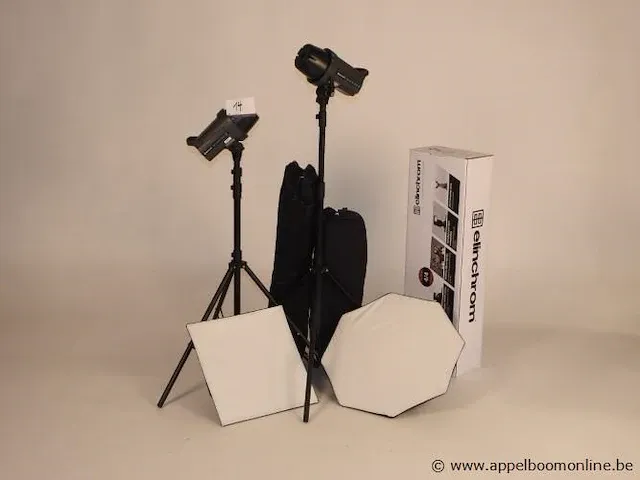 Professionele fotografieset bestaande uit : 2x flitser elinchrom d-lite rx4, 2 softboxen, 2 statieven enz - afbeelding 1 van  1