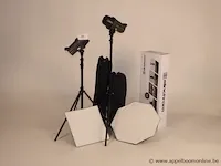 Professionele fotografieset bestaande uit : 2x flitser elinchrom d-lite rx4, 2 softboxen, 2 statieven enz - afbeelding 1 van  1