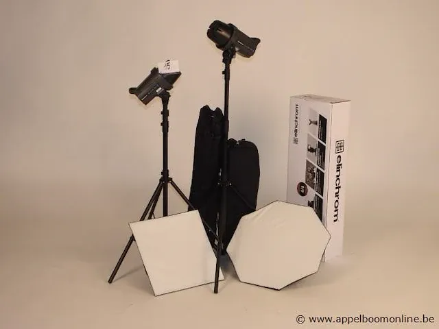 Professionele fotografieset bestaande uit : 2x flitser elinchrom d-lite rx4, 2 softboxen, 2 statieven enz - afbeelding 1 van  1