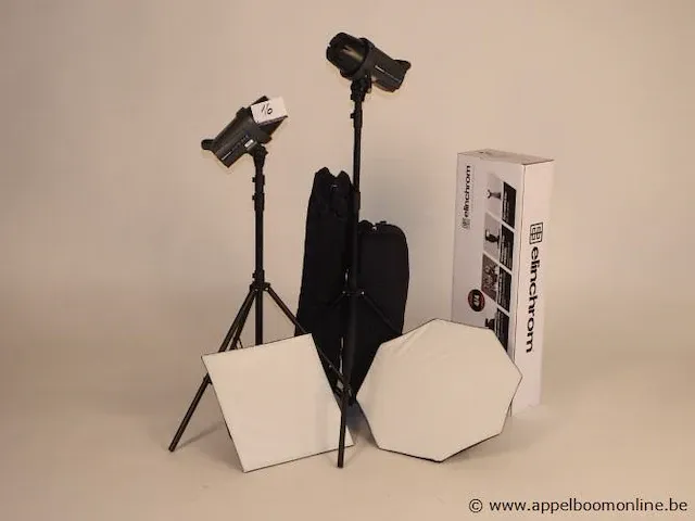 Professionele fotografieset bestaande uit : 2x flitser elinchrom d-lite rx4, 2 softboxen, 2 statieven enz - afbeelding 1 van  1