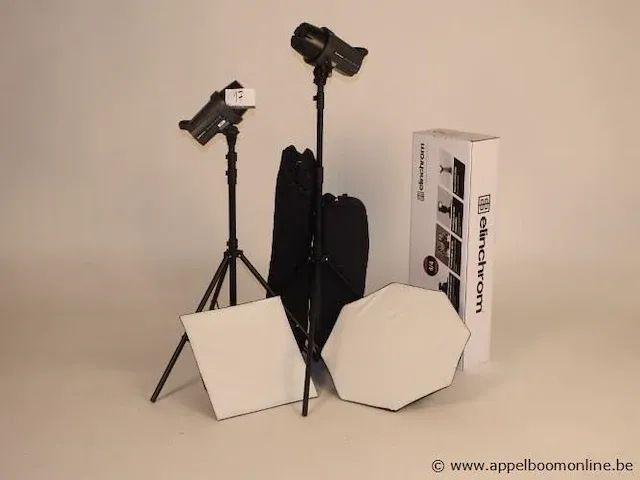 Professionele fotografieset bestaande uit : 2x flitser elinchrom d-lite rx4, 2 softboxen, 2 statieven enz - afbeelding 1 van  1