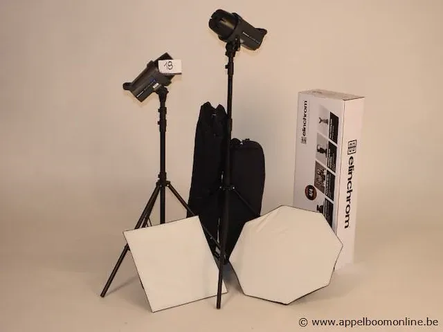 Professionele fotografieset bestaande uit : 2x flitser elinchrom d-lite rx4, 2 softboxen, 2 statieven enz - afbeelding 1 van  1