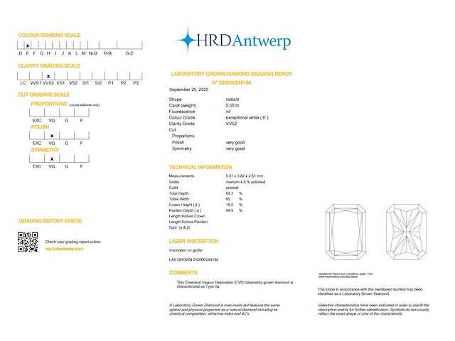 Radiant diamant 0.50ct – e/vvs2 – hrd - afbeelding 4 van  4
