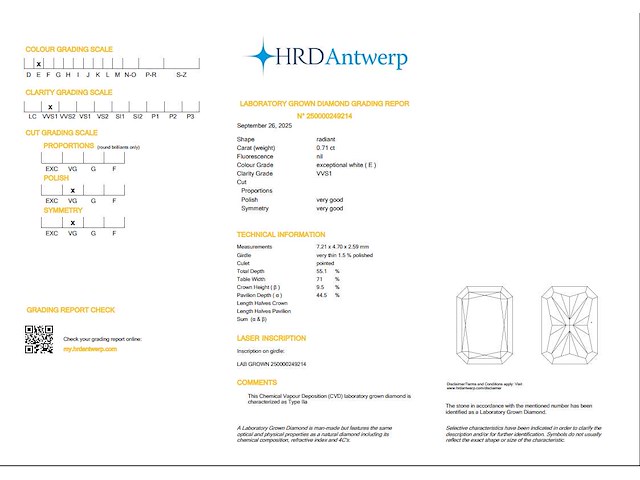 Radiant diamant 0.71ct – e/vvs1 – hrd - afbeelding 4 van  4
