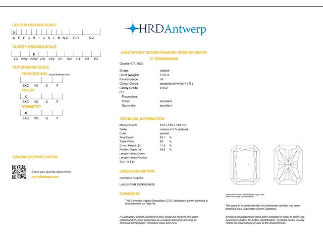 Radiant diamant 1.50ct – d/vvs2 – hrd - afbeelding 4 van  4