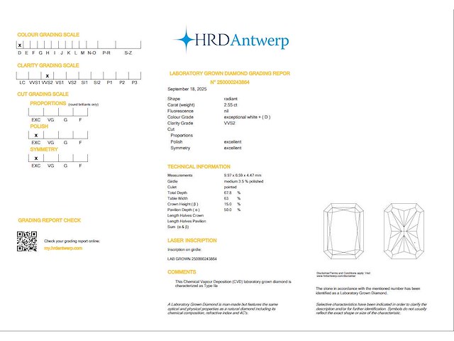 Radiant diamant 2.55ct – d/vvs2 – hrd - afbeelding 3 van  3
