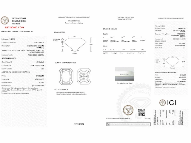 Radiant diamond 1.02 ct fancy pink vs1 (igi certified) - afbeelding 5 van  5