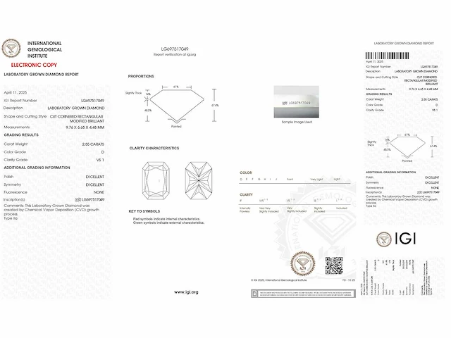 Radiant diamond 2.55 ct d/vs1 (igi certified) - afbeelding 6 van  6