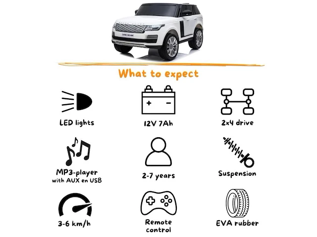 Range rover vogue elektrische kinderauto 12v - 2-zits - 1 tot 6 jaar - rubberen banden - wit (nieuw) - afbeelding 7 van  8