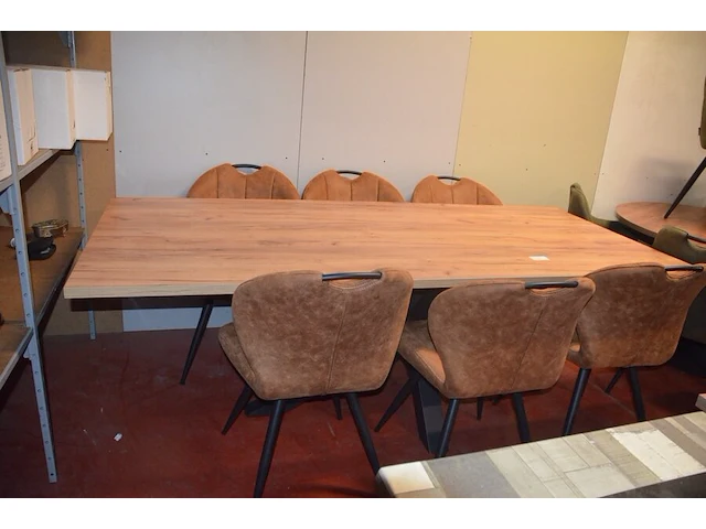 Rechthoekige bruine fineerhouten tafel 100x220cm , 6 moderne kuipstoelen bruin stoffen zit en rug (9,14) - afbeelding 1 van  9