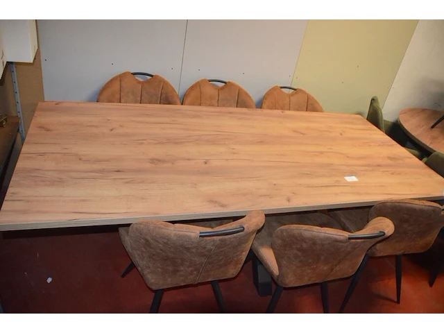 Rechthoekige bruine fineerhouten tafel 100x220cm , 6 moderne kuipstoelen bruin stoffen zit en rug (9,14) - afbeelding 2 van  9