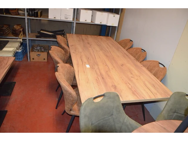 Rechthoekige bruine fineerhouten tafel 100x220cm , 6 moderne kuipstoelen bruin stoffen zit en rug (9,14) - afbeelding 4 van  9