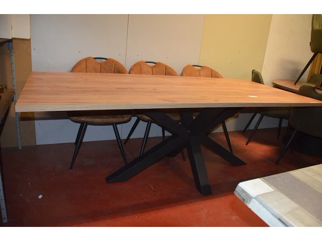 Rechthoekige bruine fineerhouten tafel 100x220cm , 6 moderne kuipstoelen bruin stoffen zit en rug (9,14) - afbeelding 5 van  9