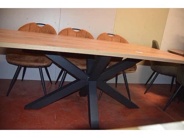 Rechthoekige bruine fineerhouten tafel 100x220cm , 6 moderne kuipstoelen bruin stoffen zit en rug (9,14) - afbeelding 6 van  9