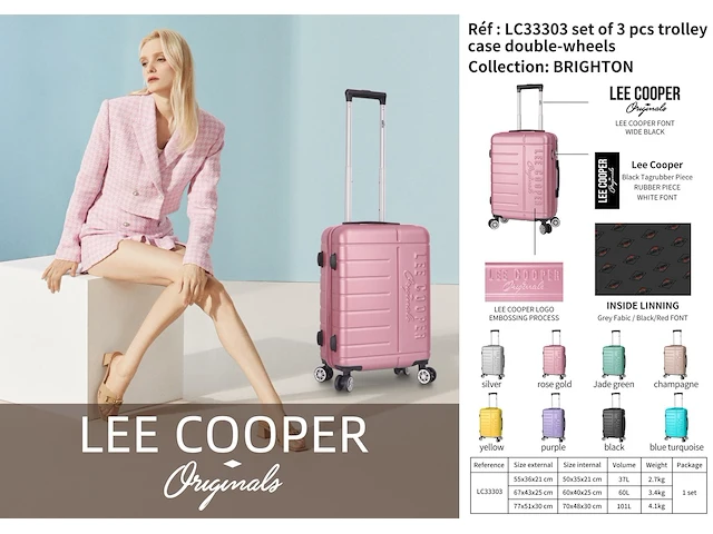 Reiskoffer - lee cooper - 67 x 42 x 26 cm. - 4 x dubbele wieltjes + tsa-slot - zwart - abs - afbeelding 4 van  4
