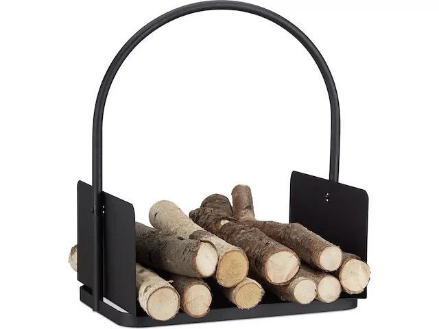 Relaxdays houtmand zwart - openhaard mand binnen - houtbak staal - voor openhaardhout - afbeelding 1 van  3