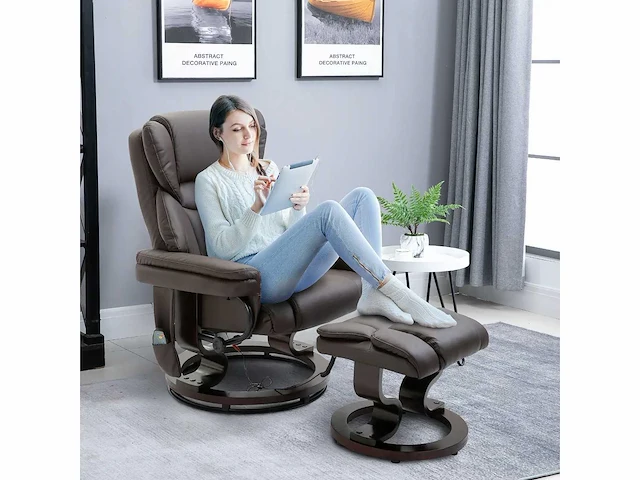 Relaxfauteuil met voetensteun, elektrische tv-fauteuil met slaapfunctie, draaibare massagestoel met afstandsbediening, zijzak, voor woonkamer, kunstleer, bruin - afbeelding 1 van  6