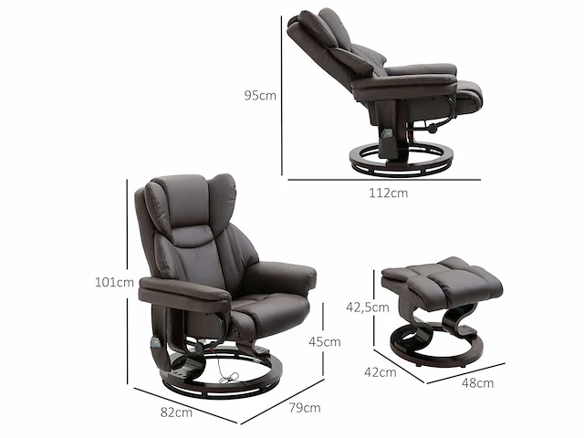 Relaxfauteuil met voetensteun, elektrische tv-fauteuil met slaapfunctie, draaibare massagestoel met afstandsbediening, zijzak, voor woonkamer, kunstleer, bruin - afbeelding 3 van  6
