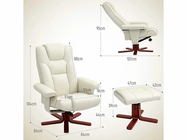 Relaxfauteuil met voetensteun, lederlook, verstelbare rugleuning, tot 150 kg, crèmewit - afbeelding 3 van  9