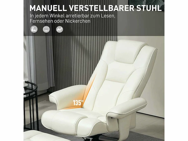 Relaxfauteuil met voetensteun, lederlook, verstelbare rugleuning, tot 150 kg, crèmewit - afbeelding 4 van  9
