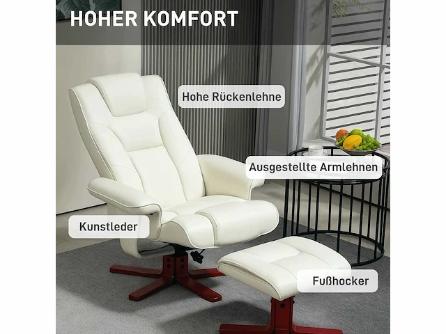 Relaxfauteuil met voetensteun, lederlook, verstelbare rugleuning, tot 150 kg, crèmewit - afbeelding 6 van  9