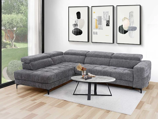 Relaxte hoekbank links met elektrisch verschuifbare zitting in antraciet stof - afbeelding 1 van  10