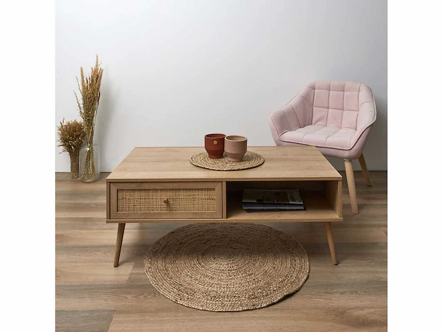 Rieten en houten salontafel 1 lade - afbeelding 1 van  6