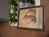 Rolbijzetzeteltje grijs imitatie leder (licht beschadigd), vierkandite bijzettafeltje wit hout glazen blad, 7 kunstof plantjes, 2 wandversieringen in kader - afbeelding 3 van  10
