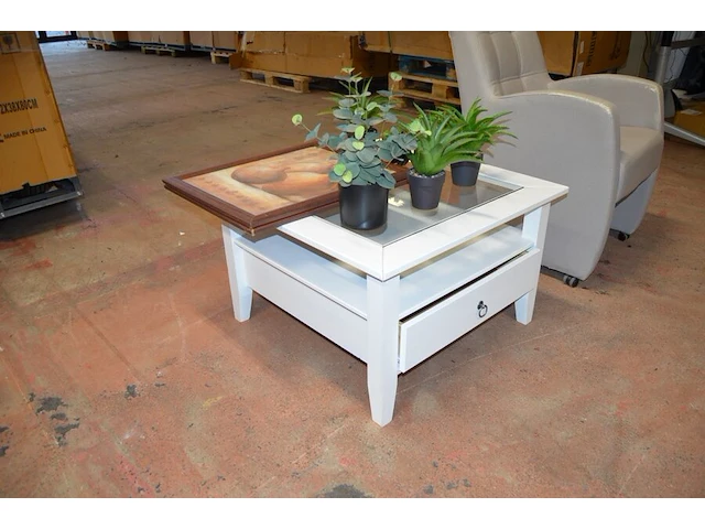 Rolbijzetzeteltje grijs imitatie leder (licht beschadigd), vierkandite bijzettafeltje wit hout glazen blad, 7 kunstof plantjes, 2 wandversieringen in kader - afbeelding 6 van  10