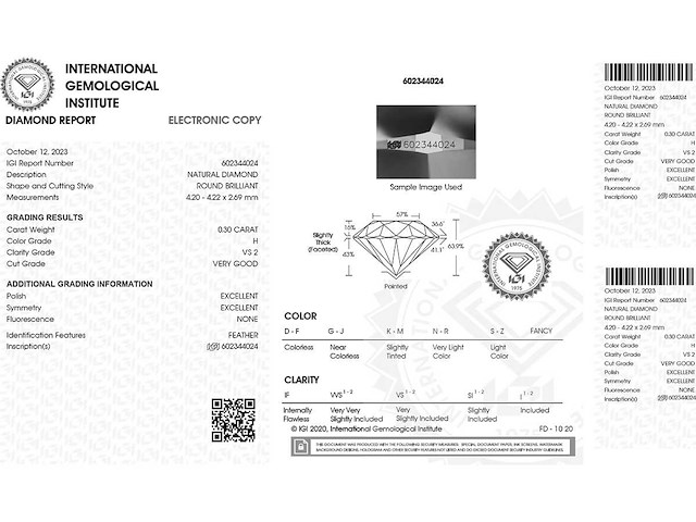 Ronde - natuurlijke gedolven diamant 0,30 ct igi gecertificeerd h vs2 - afbeelding 3 van  7