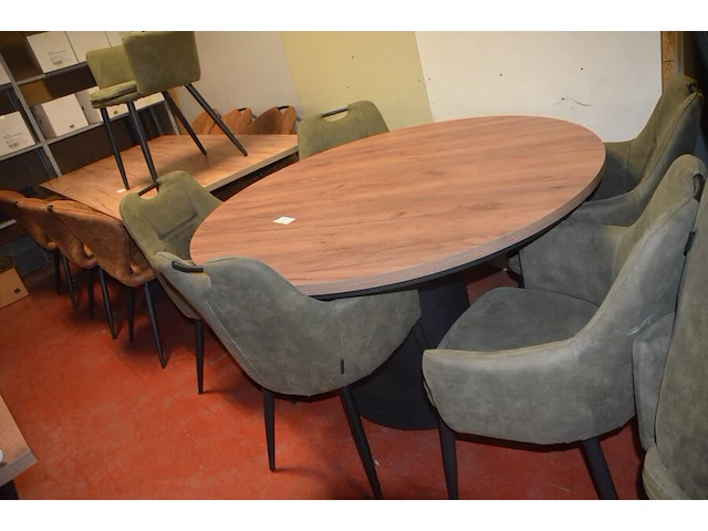 Ronde fineerhouten tafel , 6 moderne kuipstoelen grijze stoffen zit en rug (7,8) - afbeelding 1 van  9