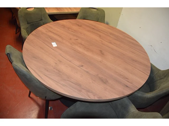 Ronde fineerhouten tafel , 6 moderne kuipstoelen grijze stoffen zit en rug (7,8) - afbeelding 2 van  9