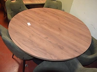 Ronde fineerhouten tafel , 6 moderne kuipstoelen grijze stoffen zit en rug (7,8) - afbeelding 2 van  9