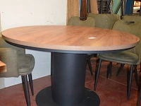 Ronde fineerhouten tafel , 6 moderne kuipstoelen grijze stoffen zit en rug (7,8) - afbeelding 4 van  9