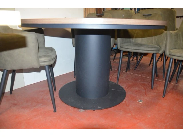 Ronde fineerhouten tafel , 6 moderne kuipstoelen grijze stoffen zit en rug (7,8) - afbeelding 5 van  9