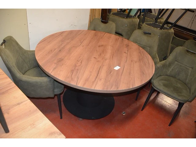 Ronde fineerhouten tafel , 6 moderne kuipstoelen grijze stoffen zit en rug (7,8) - afbeelding 6 van  9