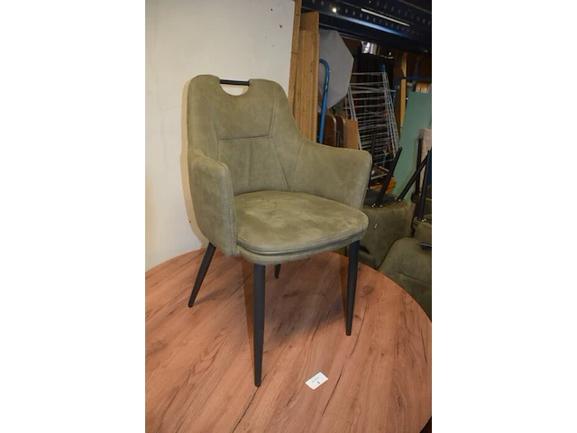 Ronde fineerhouten tafel , 6 moderne kuipstoelen grijze stoffen zit en rug (7,8) - afbeelding 7 van  9