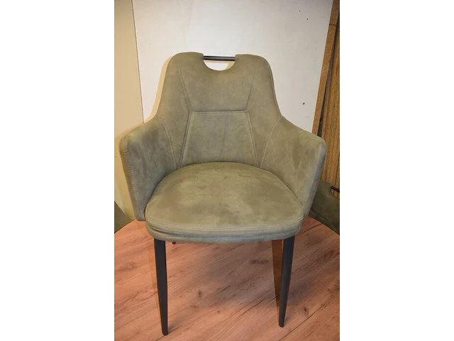 Ronde fineerhouten tafel , 6 moderne kuipstoelen grijze stoffen zit en rug (7,8) - afbeelding 8 van  9