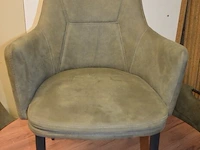 Ronde fineerhouten tafel , 6 moderne kuipstoelen grijze stoffen zit en rug (7,8) - afbeelding 8 van  9