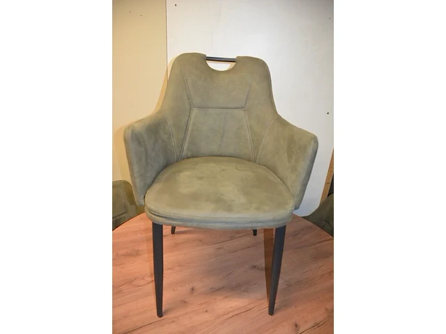 Ronde fineerhouten tafel , 7 moderne kuipstoelen grijze stoffen zit en rug (7,8) - afbeelding 3 van  11