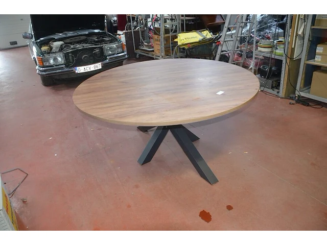 Ronde fineerhouten tafel , 7 moderne kuipstoelen grijze stoffen zit en rug (7,8) - afbeelding 6 van  11