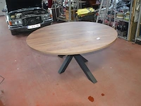 Ronde fineerhouten tafel , 7 moderne kuipstoelen grijze stoffen zit en rug (7,8) - afbeelding 6 van  11