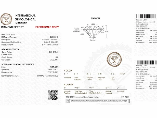 Ronde-natuurlijke gedolven diamant 0,50 cts igi-gecertificeerd d si2 ex ex vg zwak - afbeelding 2 van  5