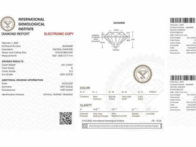 Ronde-natuurlijke gedolven diamant 0,51 cts igi-gecertificeerd d si2 - afbeelding 2 van  5