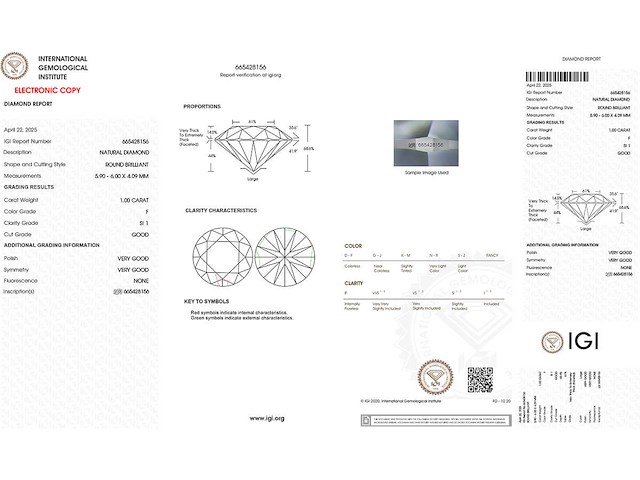 Ronde-natuurlijke gedolven diamant 1.0 cts igi-gecertificeerd f si1 - afbeelding 2 van  7